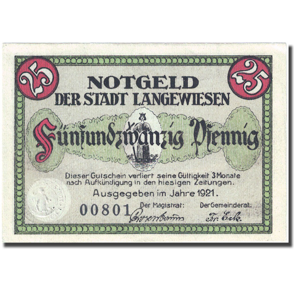 Banknote, Germany, Langewiesen, 25 Pfennig, Usine, 1921, UNC(63), Mehl:772.1b