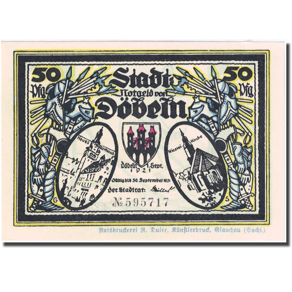 Banknote, Germany, Dobeln, 50 Pfennig, chevalier 6, 1921 UNC(63) Mehl:277.1a