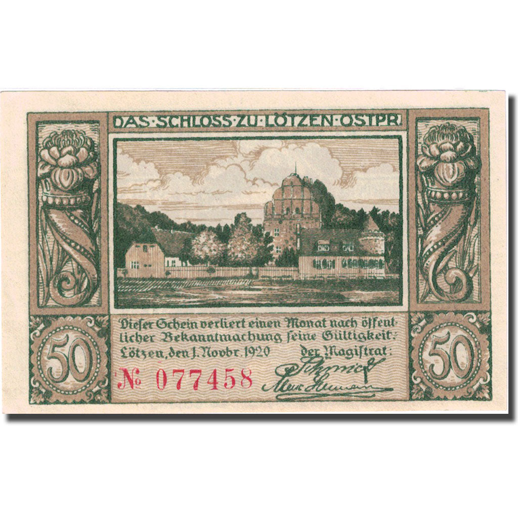 Banknote, Germany, Lötzen, 50 Pfennig, château, 1920 UNC(63) Mehl:814.1a