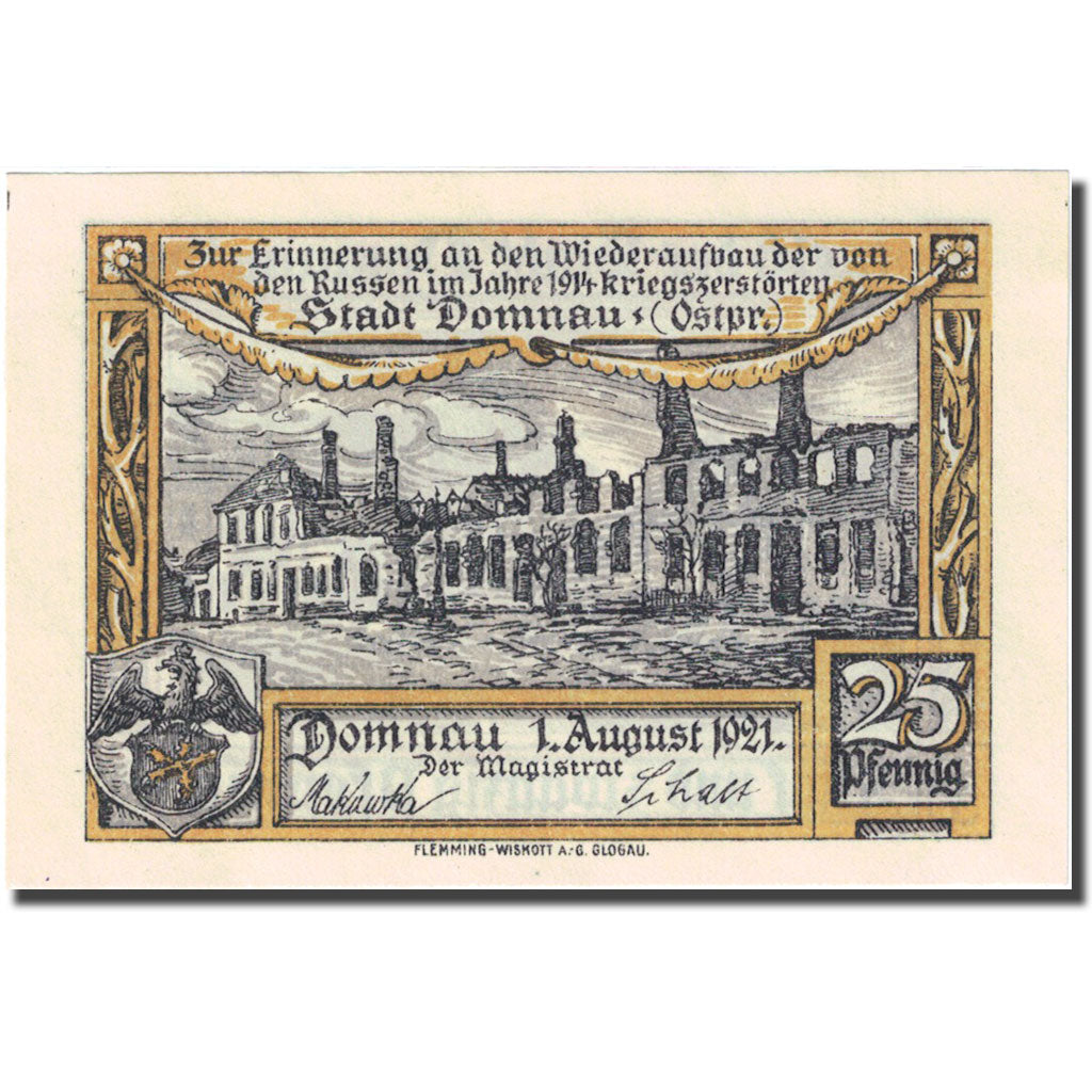 Banknote, Germany, Domnau, 25 Pfennig, ruine, 1921 UNC(63) Mehl:280.1
