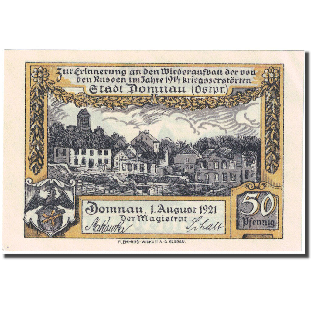 Billet, Allemagne, Domnau, 50 Pfennig, ruine 1, 1921, 1921-08-01 SUP+ Mehl:280.1