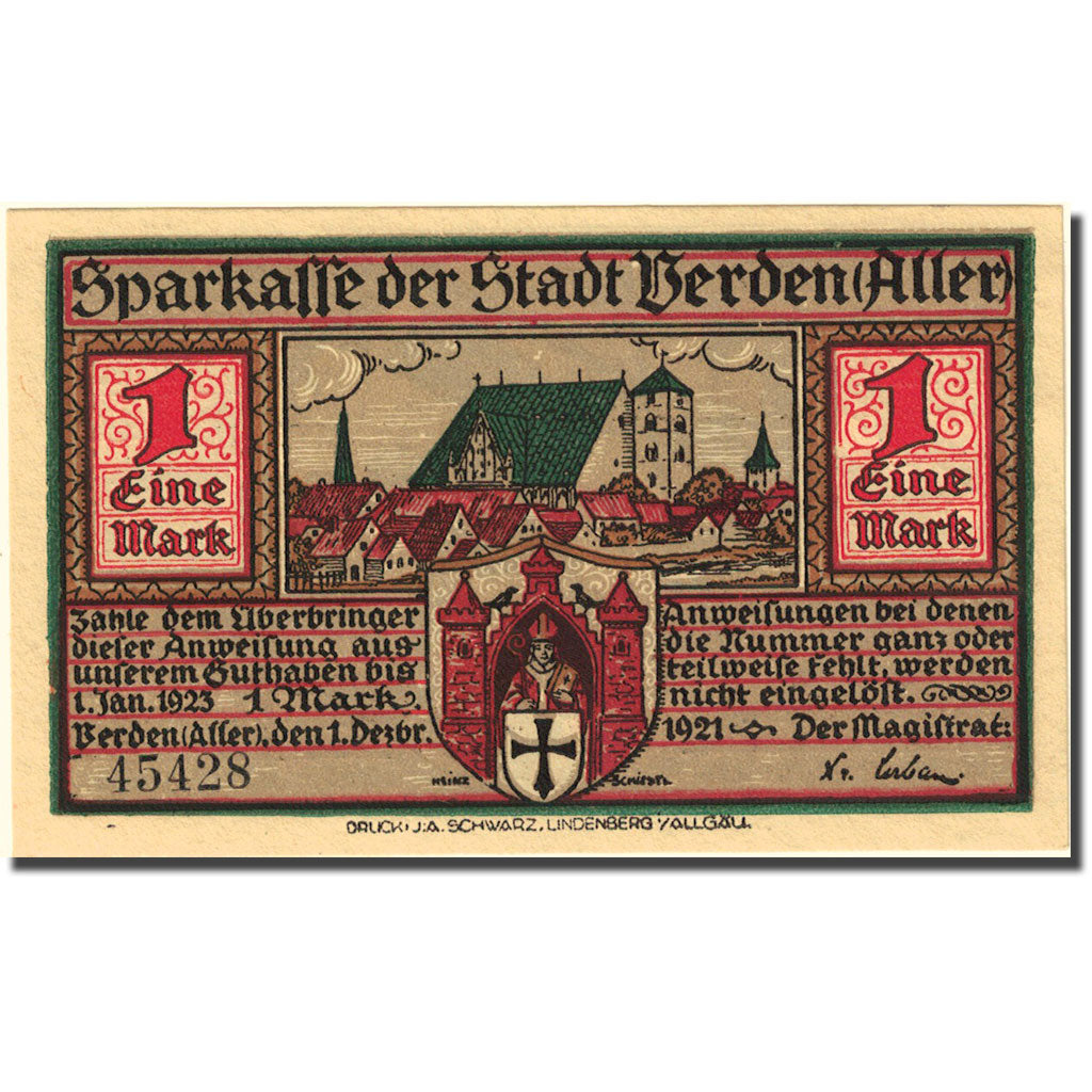 Banknote, Germany, Verden, 1 Mark, personnage 3, 1921 UNC(63) Mehl:1360.1