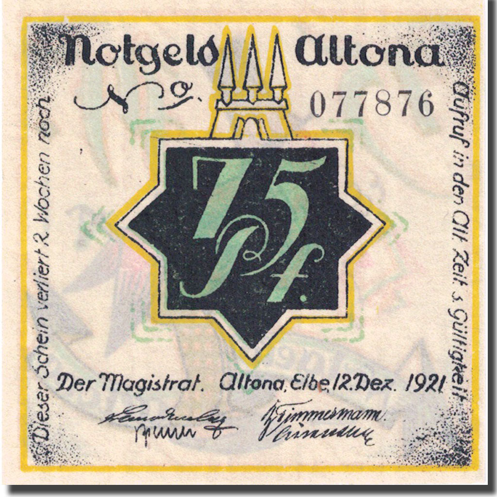 Billet, Allemagne, Altona, 75 Pfennig, personnage 3, 1921-12-12, SPL Mehl:30.2