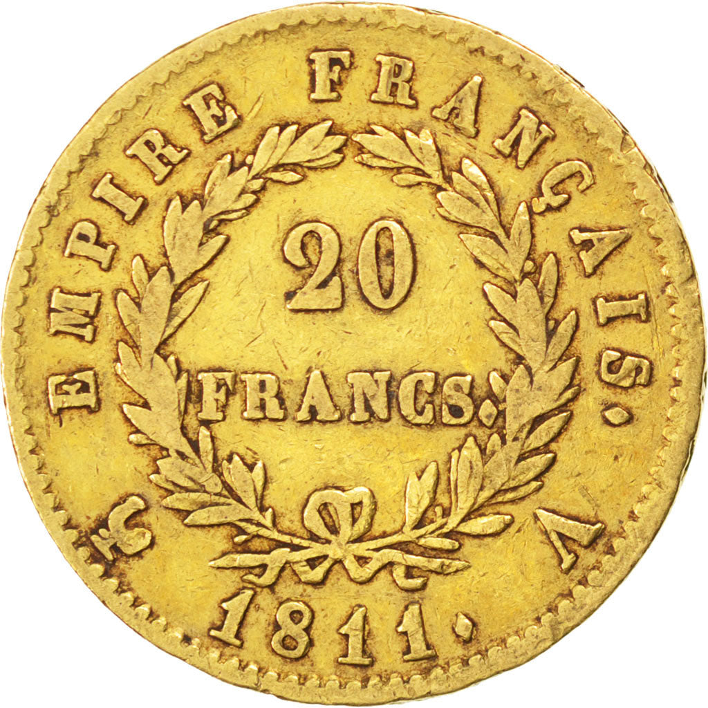 FRANCE, Napoléon I, 20 Francs, 1811, Paris, KM #695.1, VF(30-35), Gold, Gadoury 