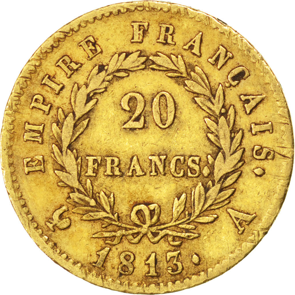 FRANCE, Napoléon I, 20 Francs, 1813, Paris, KM #695.1, VF(30-35), Gold, Gadoury 