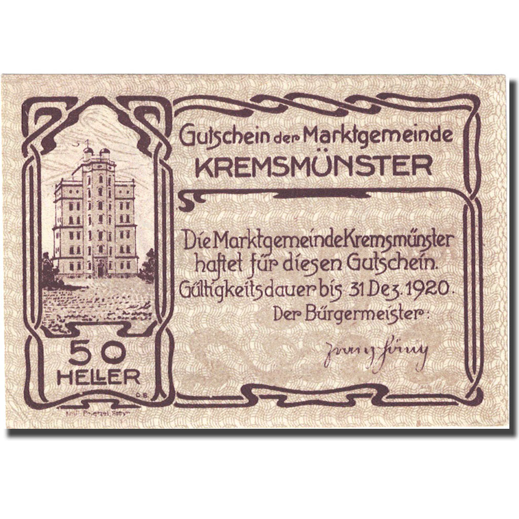 Banknote, Austria, Kremsmünster, 50 Heller, cochon, 1920 AU(55-58) Mehl:FS 4761b