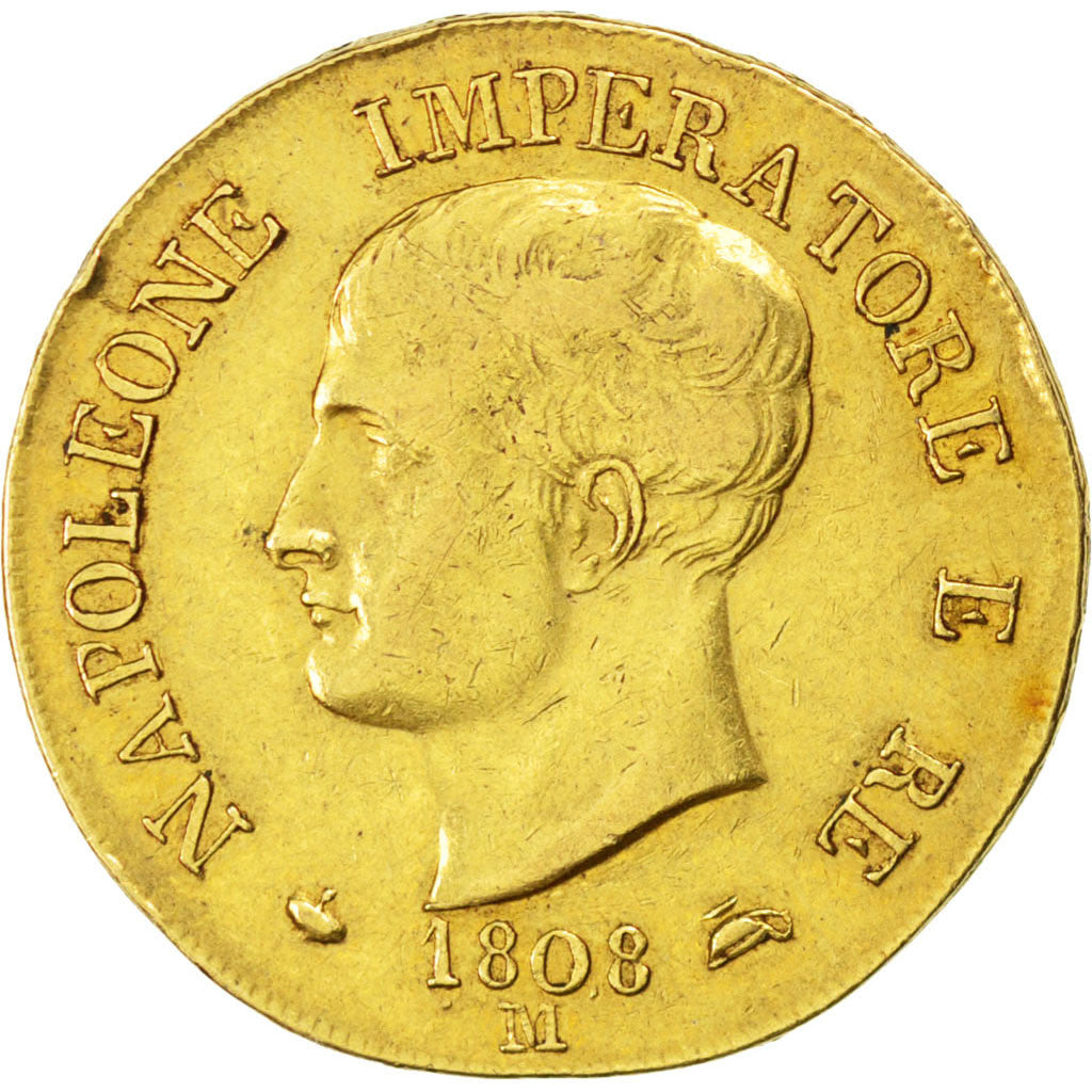 ITALIAN STATES, 40 Lire, 1808, Milan, KM #12, EF(40-45), Gold, 12.87