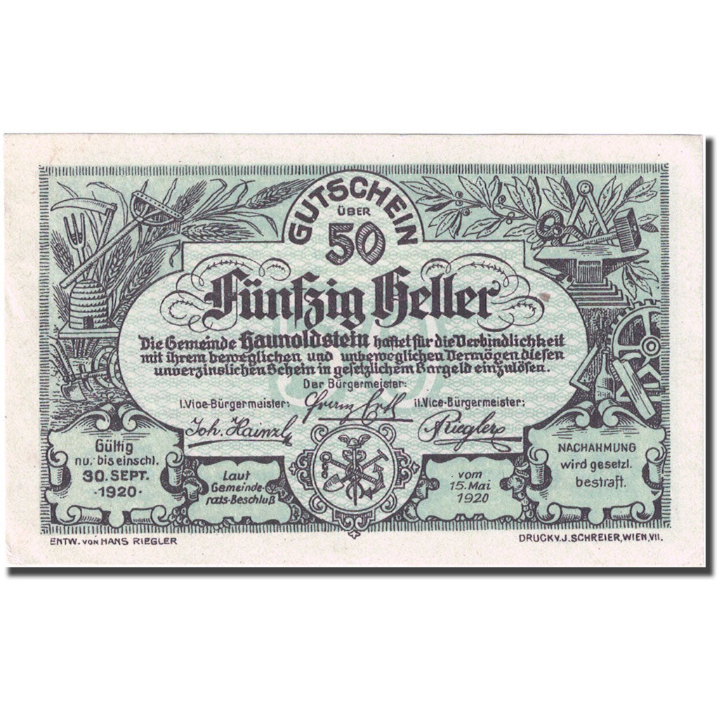 Banknote, Austria, Haunoldstein, 50 Heller, village, 1920 UNC(60-62) Mehl:FS 356