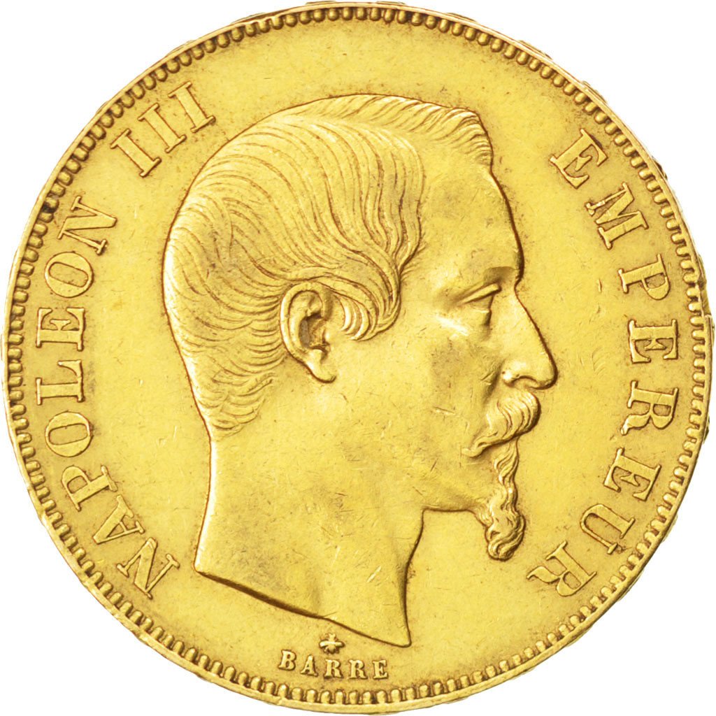 FRANCE, Napoléon III, 50 Francs, 1858, Strasbourg, KM #785.2, AU(50-53), Gold, G