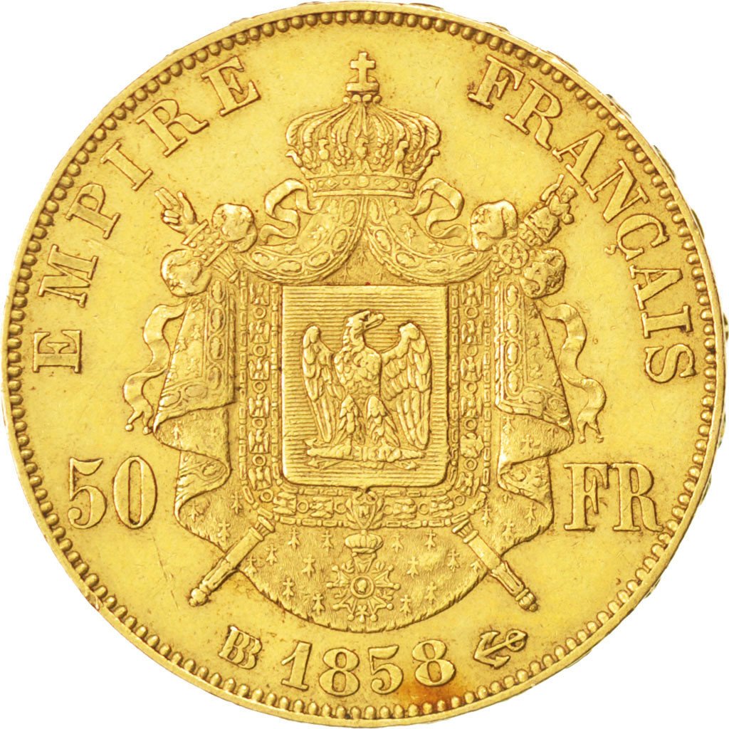 FRANCE, Napoléon III, 50 Francs, 1858, Strasbourg, KM #785.2, AU(50-53), Gold, G