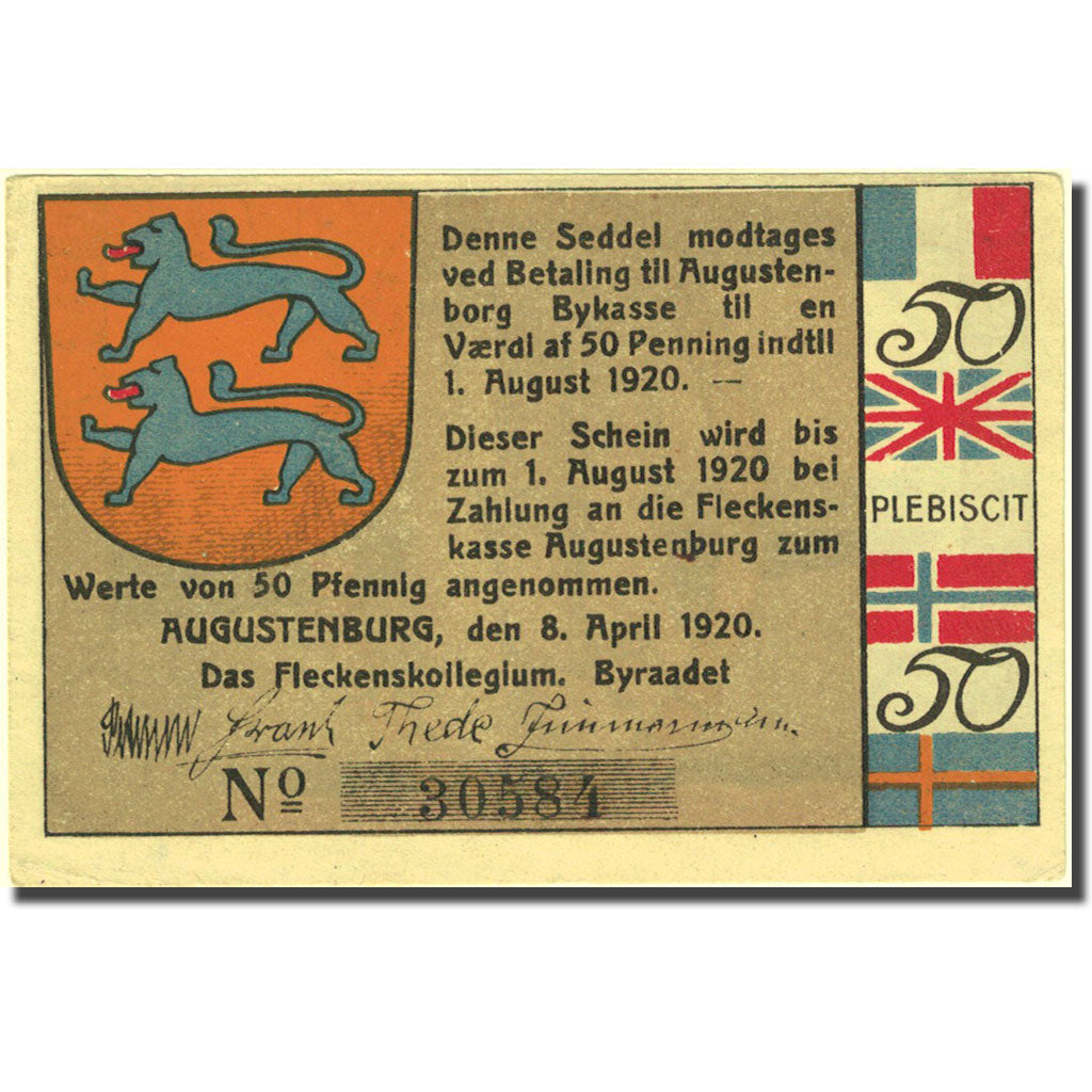 Banknote, Germany, Augustenburg, 50 Pfennig, Blason, 1920 AU(55-58) Mehl:54.1a