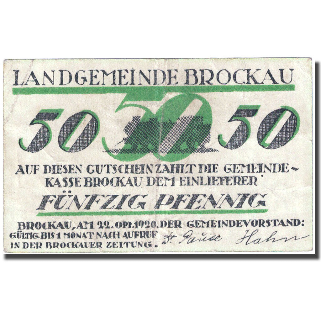 Banknote, Germany, Brockau, 50 Pfennig, roue, 1920 VF(20-25) Mehl:189.1b