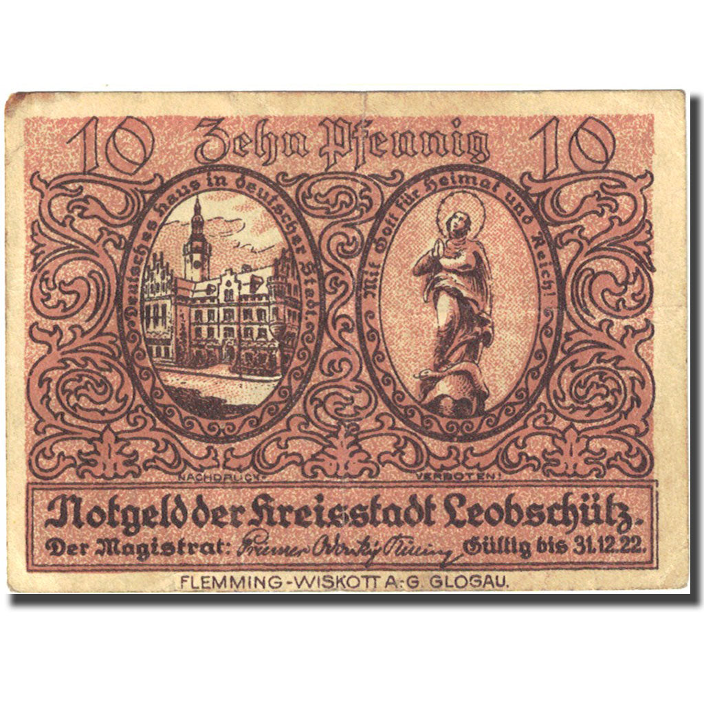Banknote, Germany, Leobschütz, 10 Pfennig, personnage 1922 VF(20-25) Mehl:793.1a