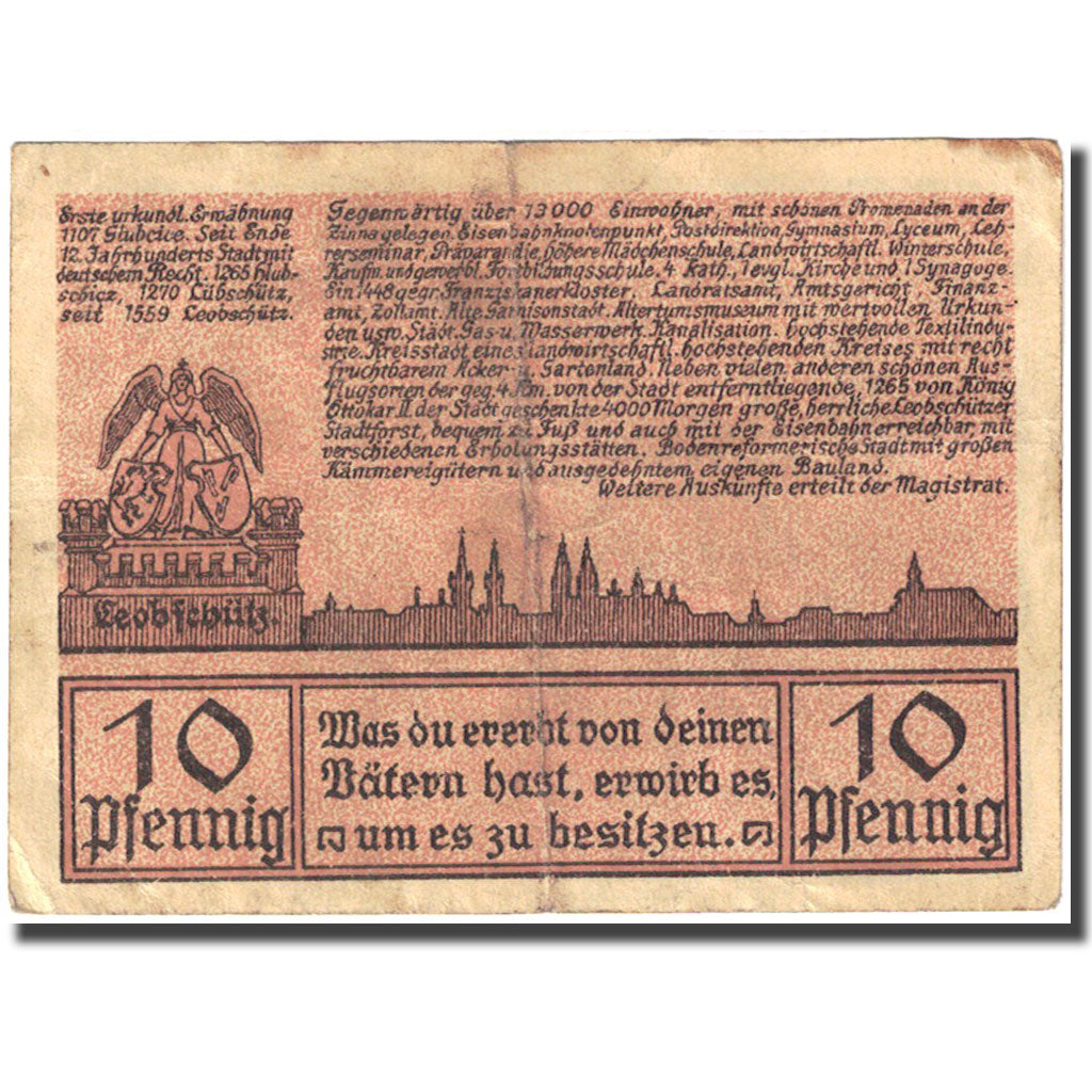 Banknote, Germany, Leobschütz, 10 Pfennig, personnage 1922 VF(20-25) Mehl:793.1a