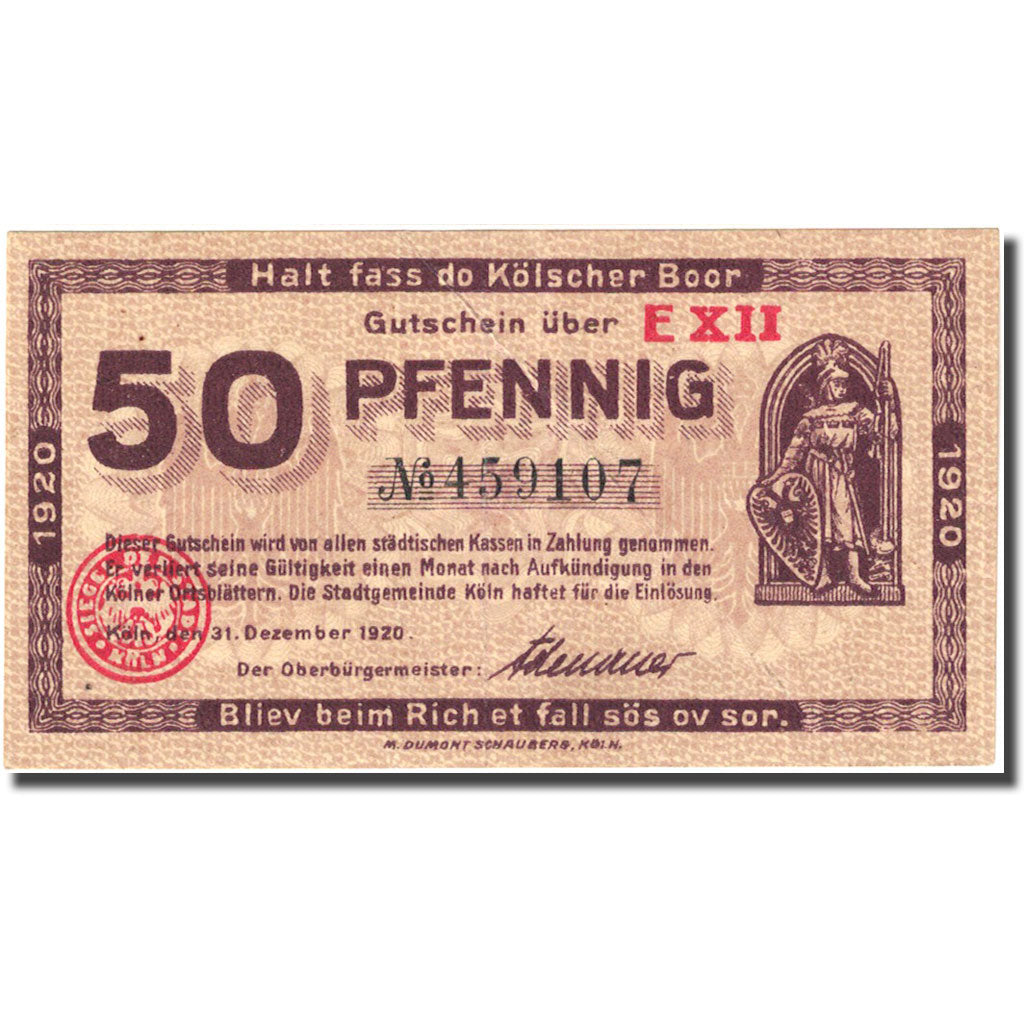 Banconote, Germania, Köln, 50 Pfennig, chevalier 1920-12-31 SPL- Mehl:K30.14c