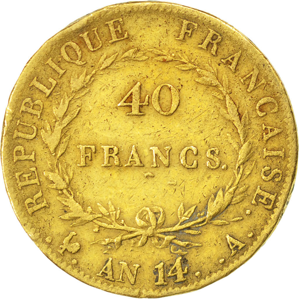FRANCE, Napoléon I, 40 Francs, 1806, Paris, KM #664.1, VF(20-25), Gold, Gadoury