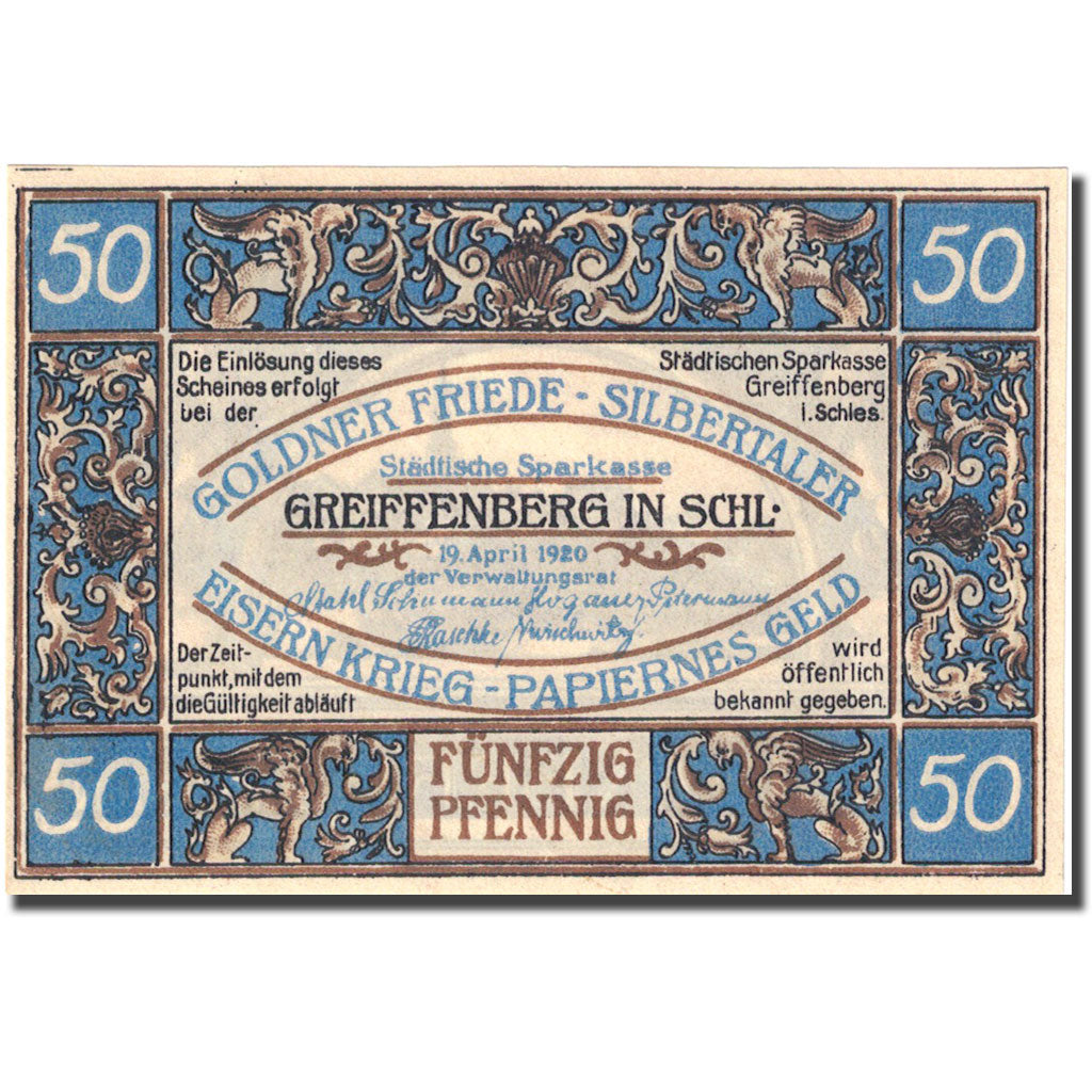 Banknote, Germany, Greiffenberg, 50 Pfennig, village, 1920 UNC(63) Mehl:470.1