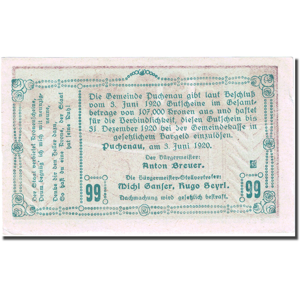 Banknote, Austria, Puchenau, 99 Heller, hibou, 1920 AU(55-58) Mehl:FS 788IIb