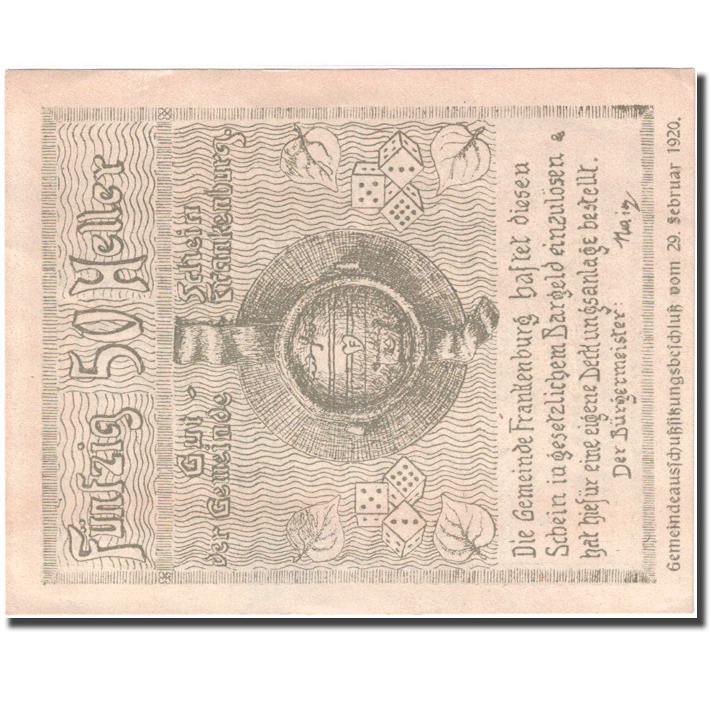 Banconote, Austria, Frankenburg, 50 Heller, personnage, 1920 SPL Mehl:FS 206Ib