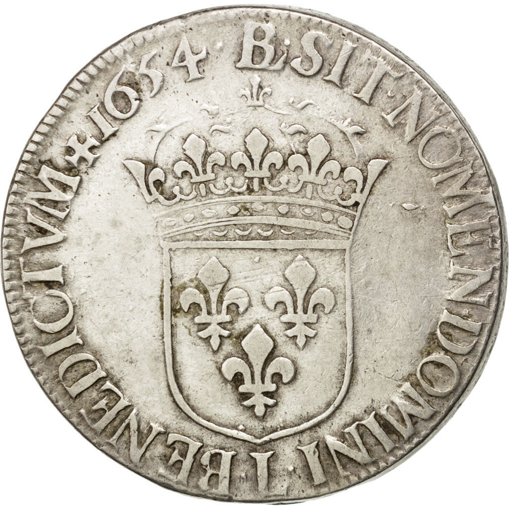 FRANCE, Écu à la mèche longue, ECU, 1654, Bayonne, KM #155.10, VF(20-25), Silver