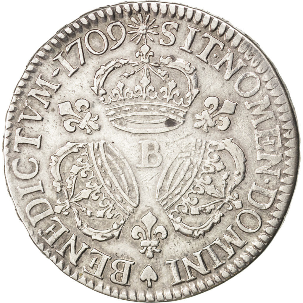Francia, Louis XIV, Écu aux 3 couronnes, Ecu, 1709, Rouen, MB+, Argento, KM:...