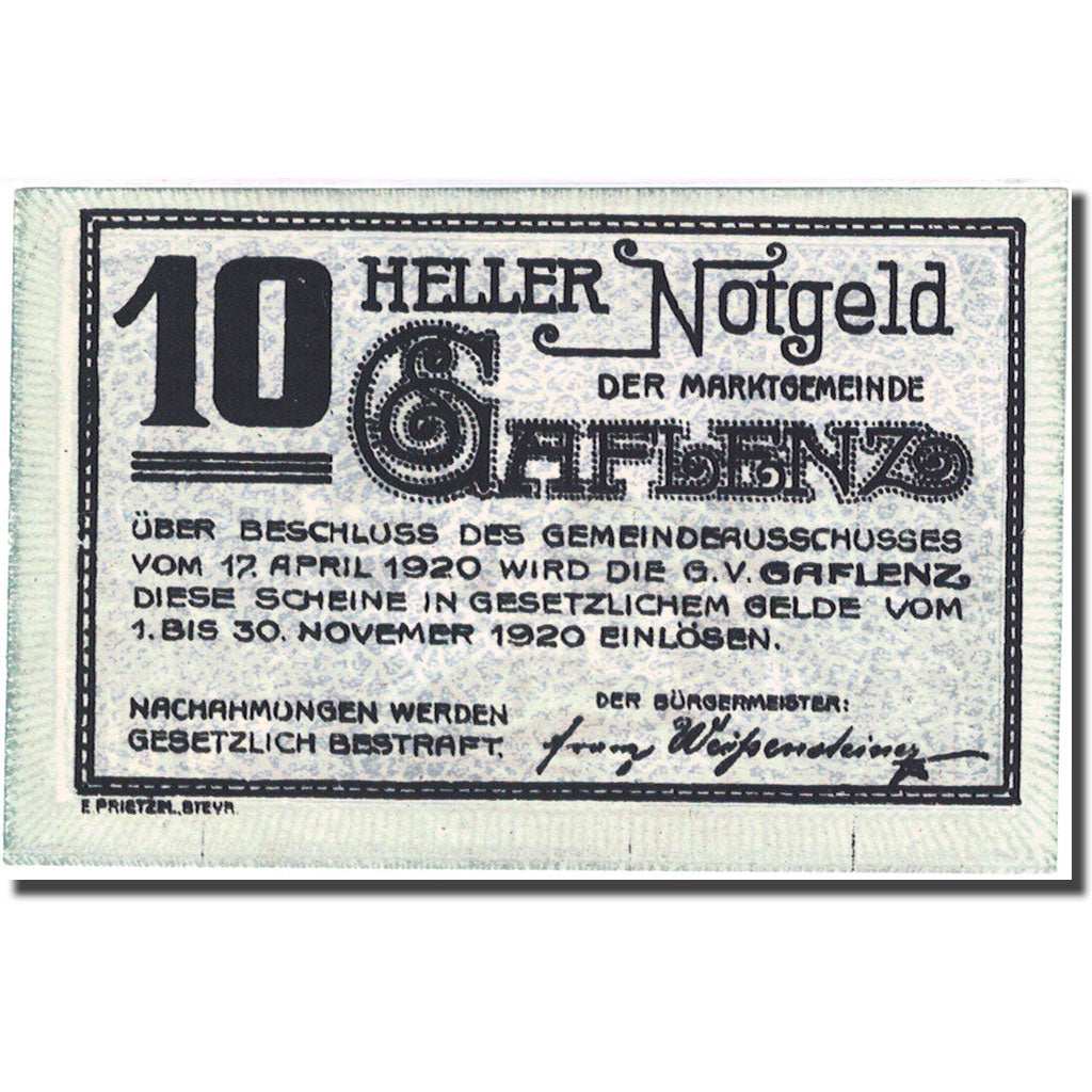Banknote, Austria, Gaflenz, 10 Heller, Eglise 1920-11-30 UNC(63) Mehl:FS 216