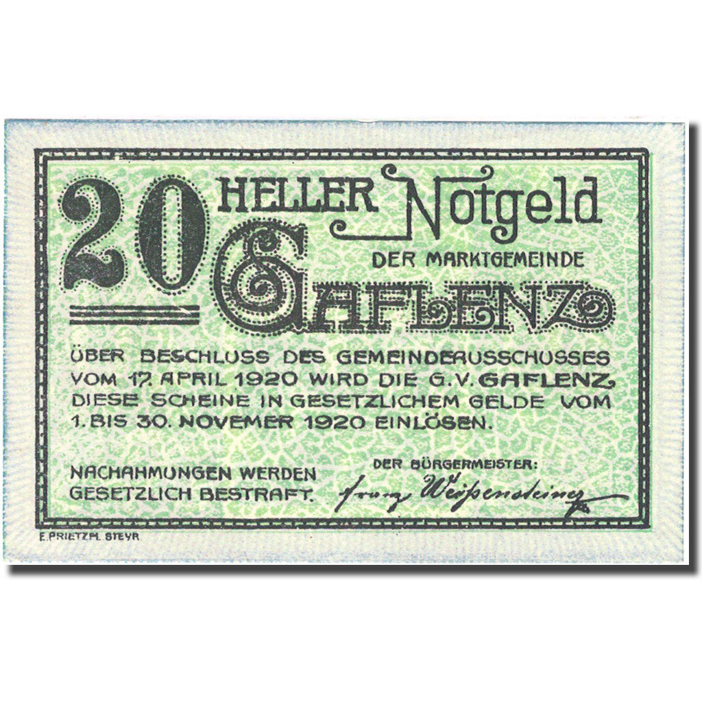 Banknote, Austria, Gaflenz, 20 Heller, village 1920-11-30, UNC(63) Mehl:FS 216