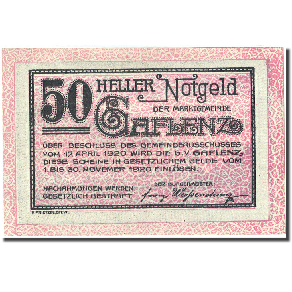 Banknote, Austria, Gaflenz, 50 Heller, paysage 1920-11-30, UNC(63) Mehl:FS 216