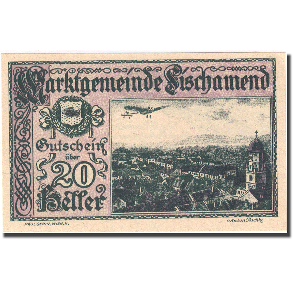 Billete, Austria, Fischamend, 20 Heller, avion 1, 1920 SC lila Mehl:FS 202