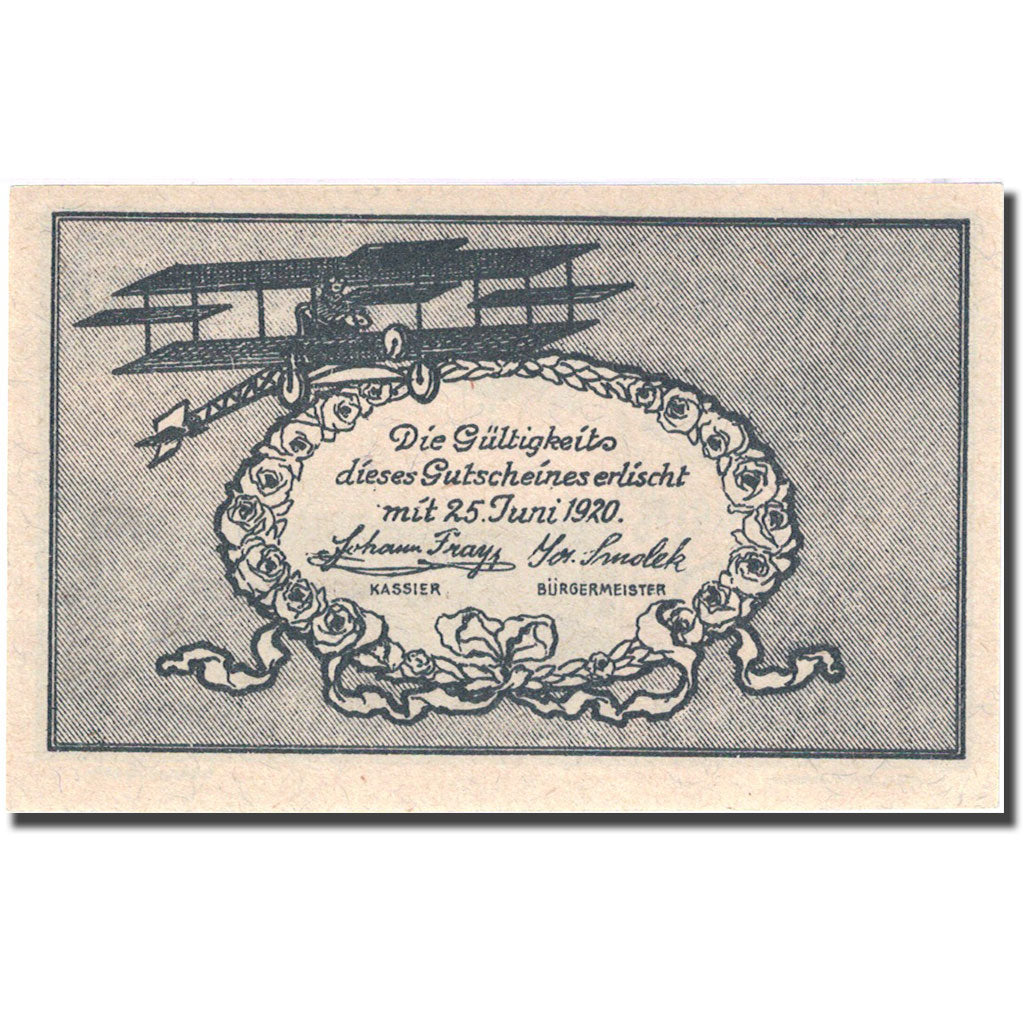 Billete, Austria, Fischamend, 20 Heller, avion 1, 1920 SC lila Mehl:FS 202