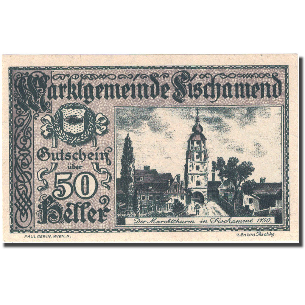 Banknote, Austria, Fischamend, 50 Heller, avion 2, 1920 UNC(63) grey Mehl:FS 202