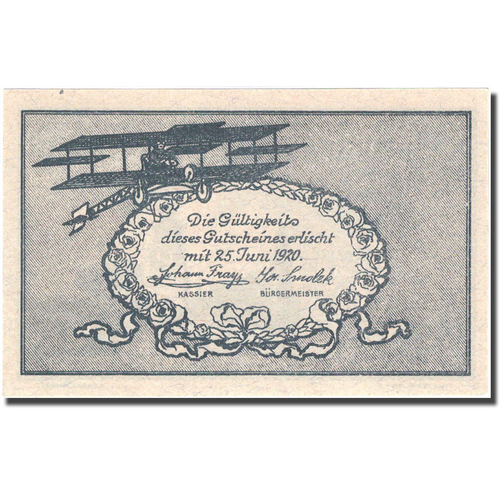 Banknote, Austria, Fischamend, 50 Heller, avion 2, 1920 UNC(63) grey Mehl:FS 202