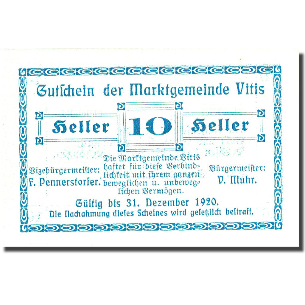 Banconote, Austria, Vitis, 10 Heller, valeur faciale, 1920 SPL Mehl:FS 1115i