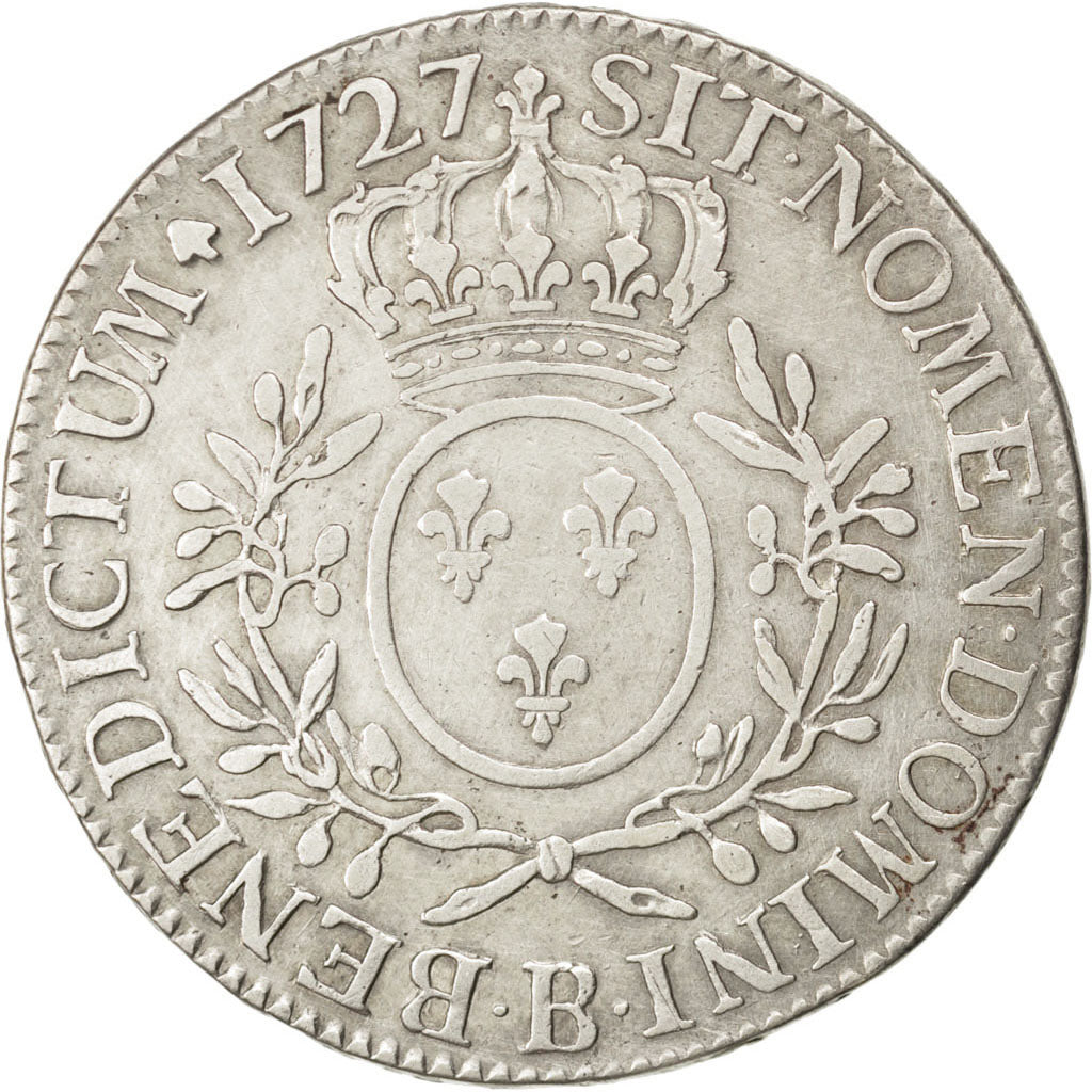 Francia, Louis XV, Écu aux branches d'olivier, Ecu, 1727, Rouen, MB, Argento...