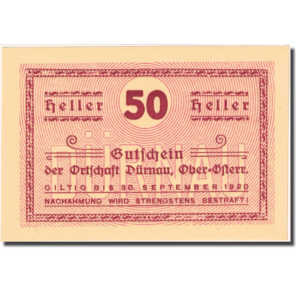 Banknote, Austria, Durnau, 50 Heller, valeur faciale, 1920 UNC(63) Mehl:FS 137b