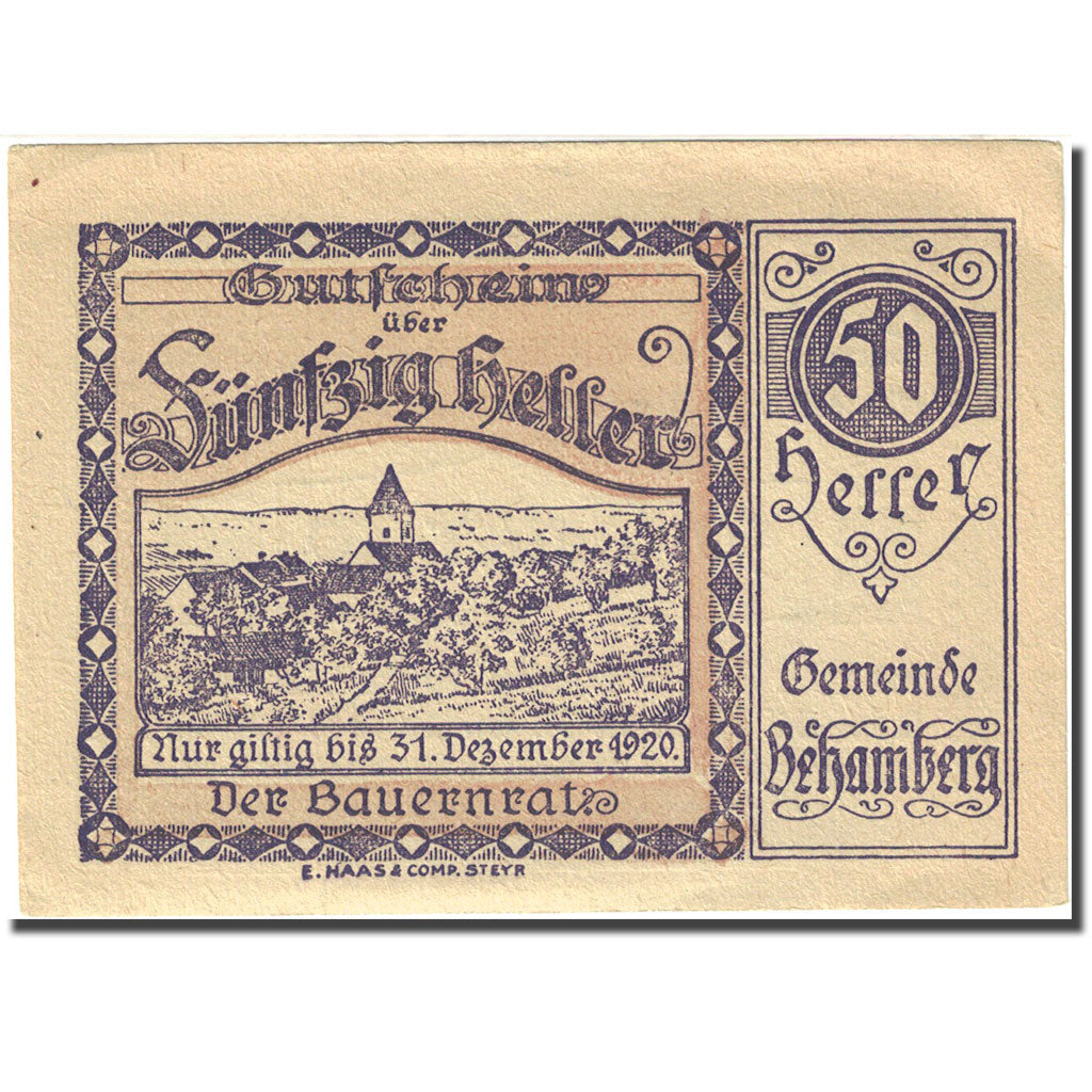 Banknote, Austria, Behamberg, 50 Heller, village, 1920 AU(55-58) Mehl:FS 80a
