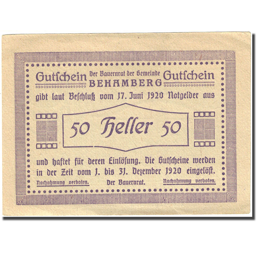 Banknote, Austria, Behamberg, 50 Heller, village, 1920 AU(55-58) Mehl:FS 80a