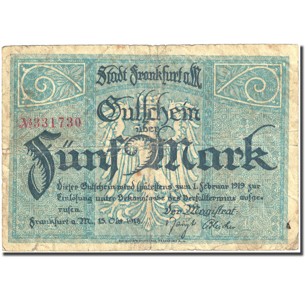 Billete, Alemania, Frankfurt am Main, 5 Mark, Blason, 1918, 1918-10-15, RC