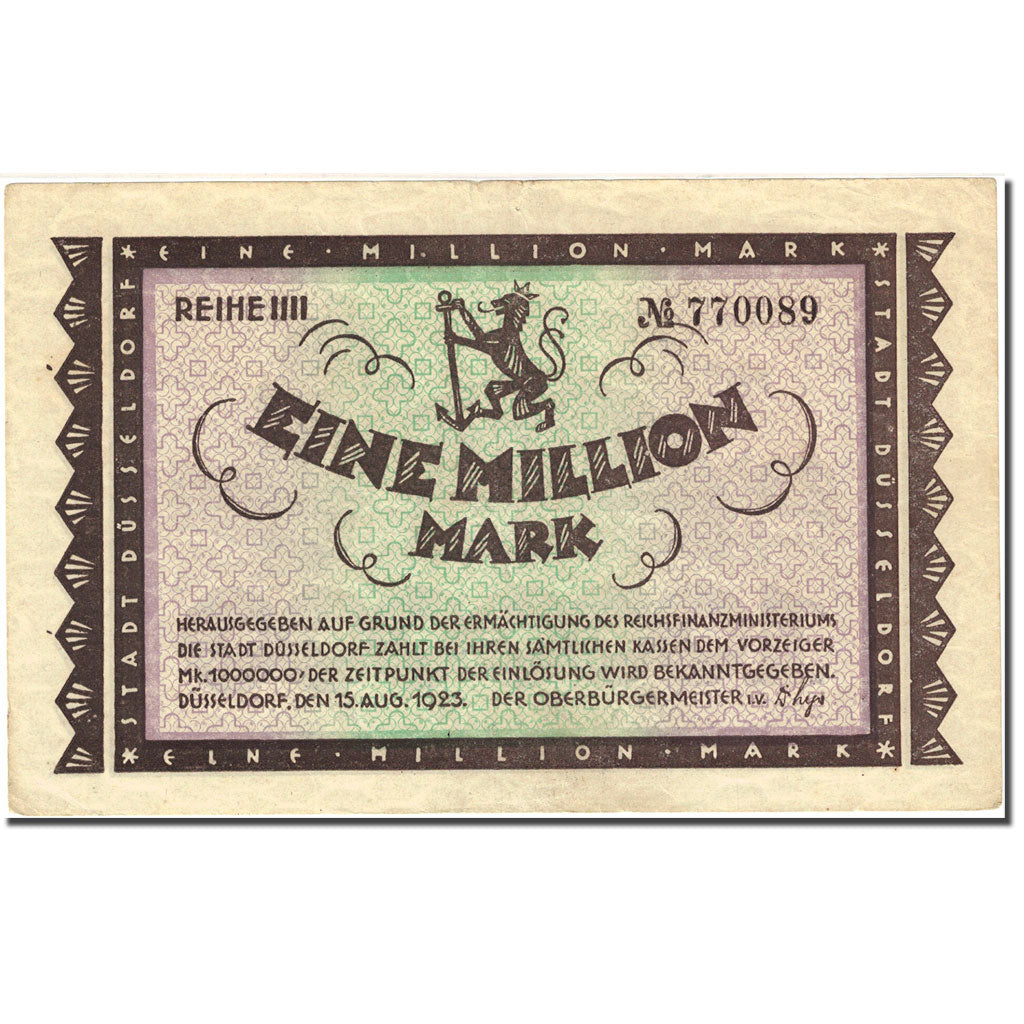 Banknote, Germany, Düsseldorf, 1 Million Mark, pont 1923-08-15 AU(55-58)