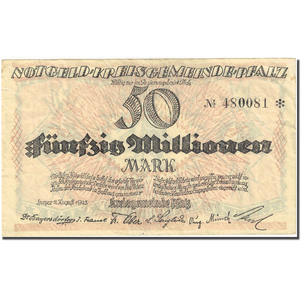 Biljet, Duitsland, Pfalz, 50 Millionen Mark, Blason, 1923, 1923-08-11, TTB+