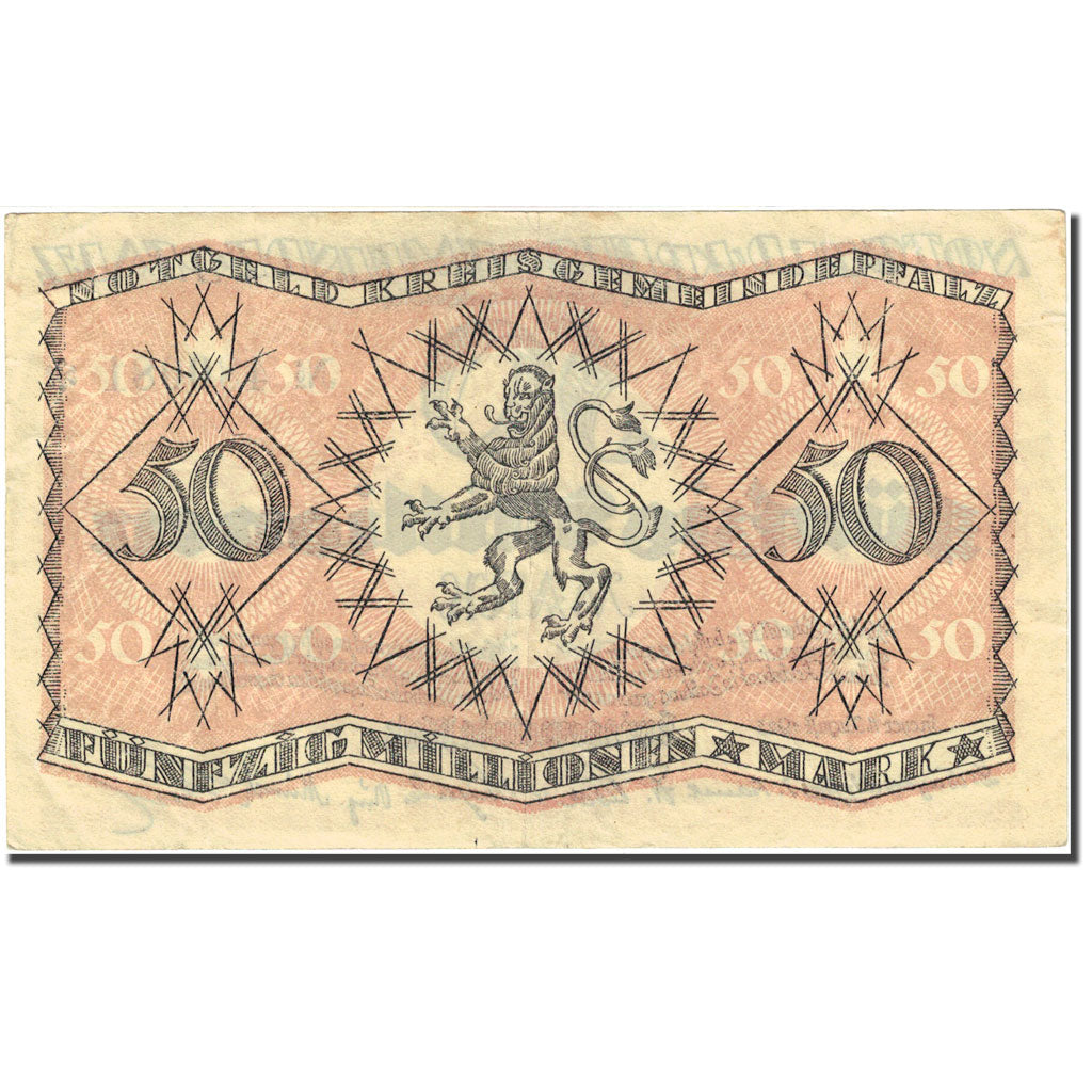 Biljet, Duitsland, Pfalz, 50 Millionen Mark, Blason, 1923, 1923-08-11, TTB+