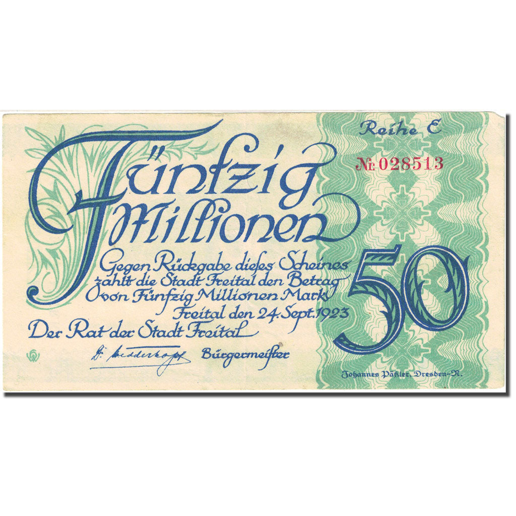 Billet, Allemagne, Freital, 50 Millionen Mark, valeur faciale 1923-09-24 TTB