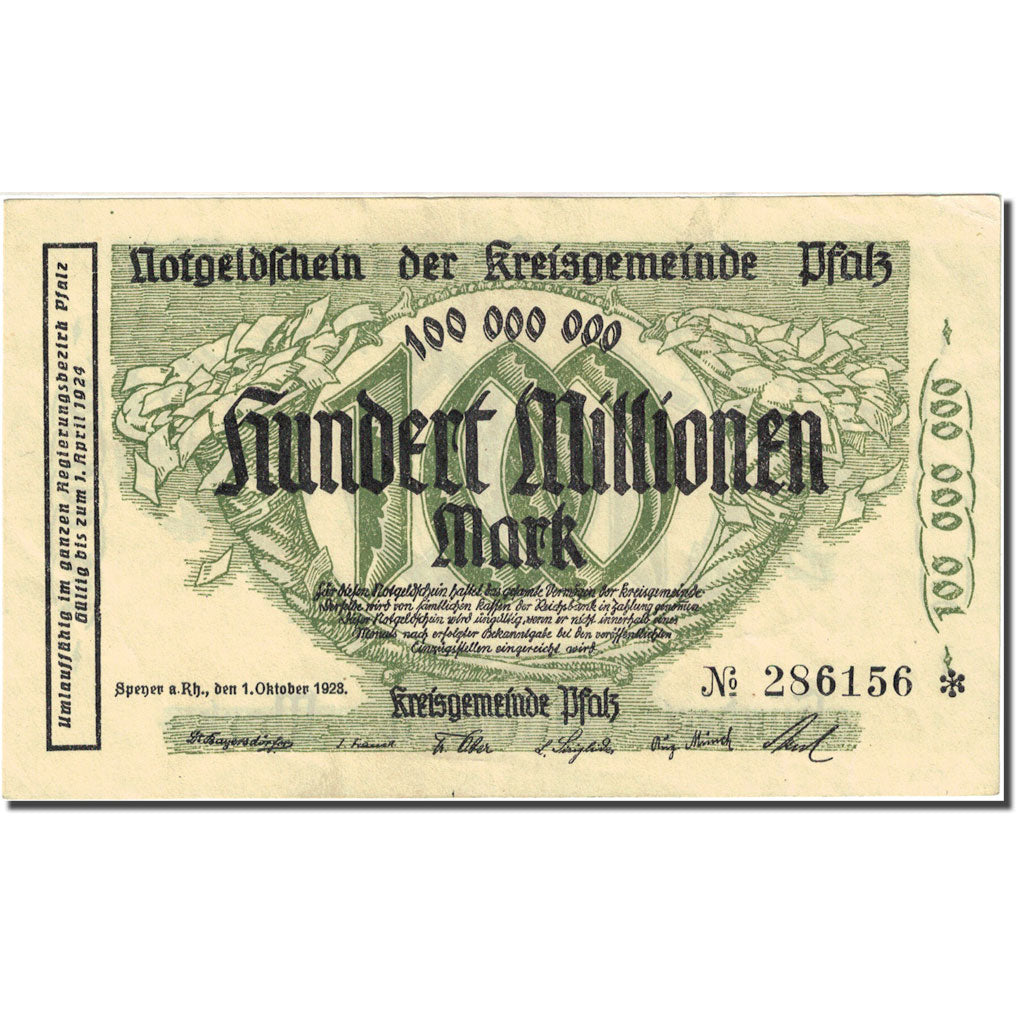 Billet, Allemagne, Pfalz, 100 Millionen Mark, corne d'abondance, 1923 SUP