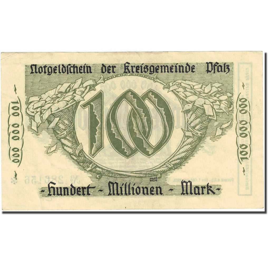 Billet, Allemagne, Pfalz, 100 Millionen Mark, corne d'abondance, 1923 SUP