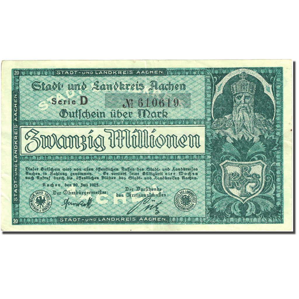 Banconote, Germania, Aachen, 20 Millionen Mark, personnage, 1923, 1923-07-20 BB+