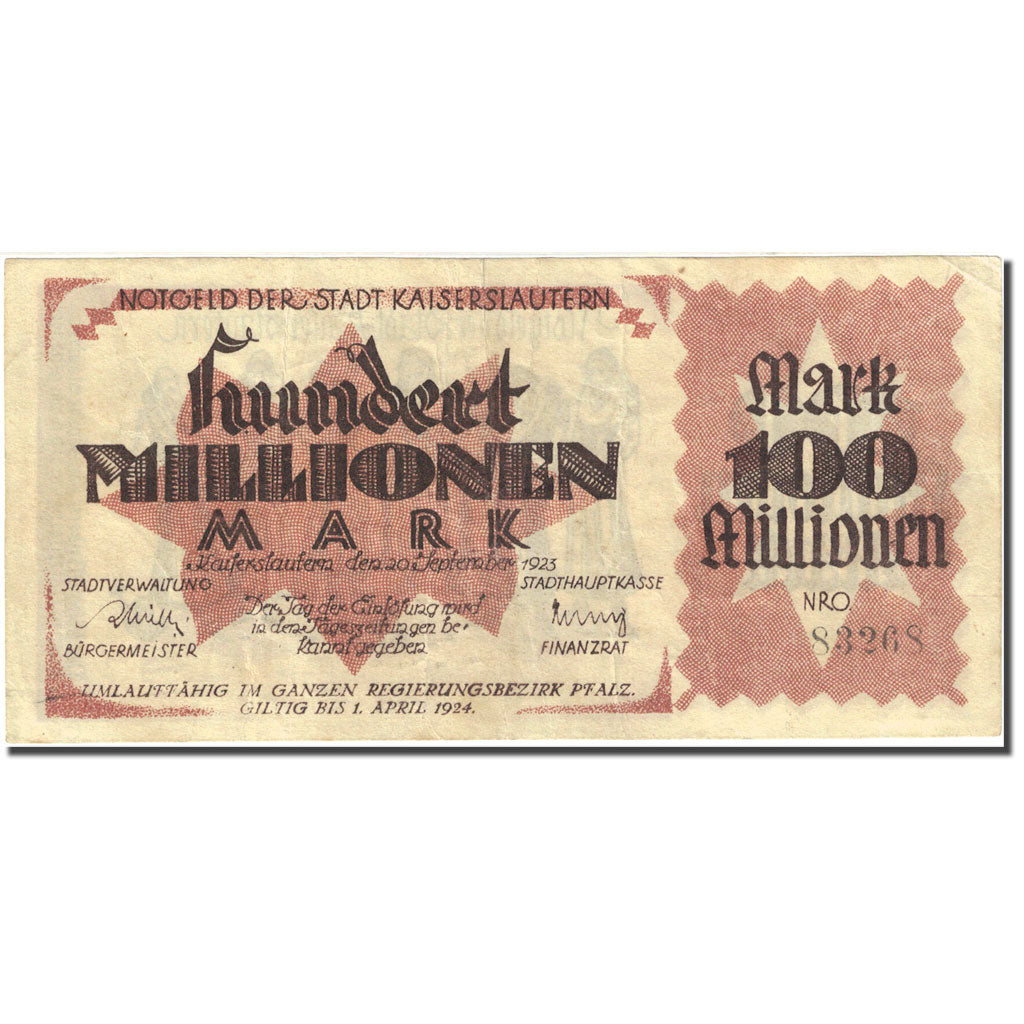 Billet, Allemagne, Pfalz, 100 Millionen Mark, personnage, 1923, 1924-04-01, TTB