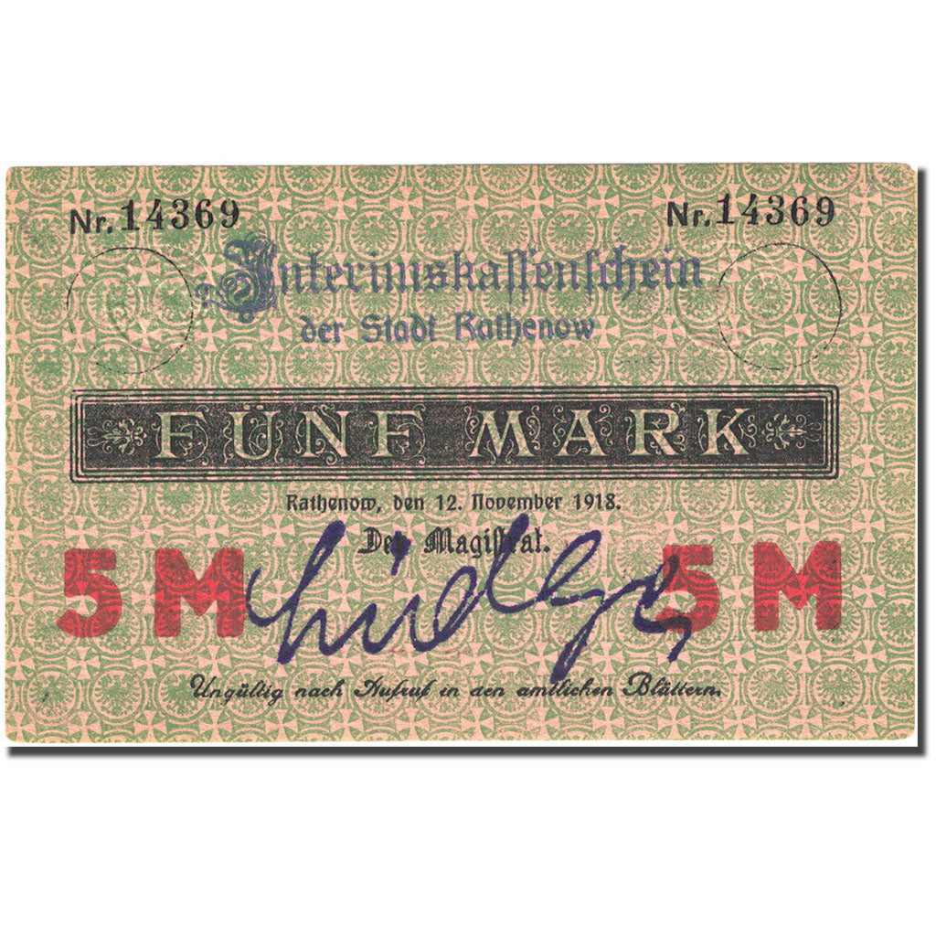 Banknote, Germany, Rathenow, 5 Mark, Blason, 1918, 1918-11-12, AU(55-58)