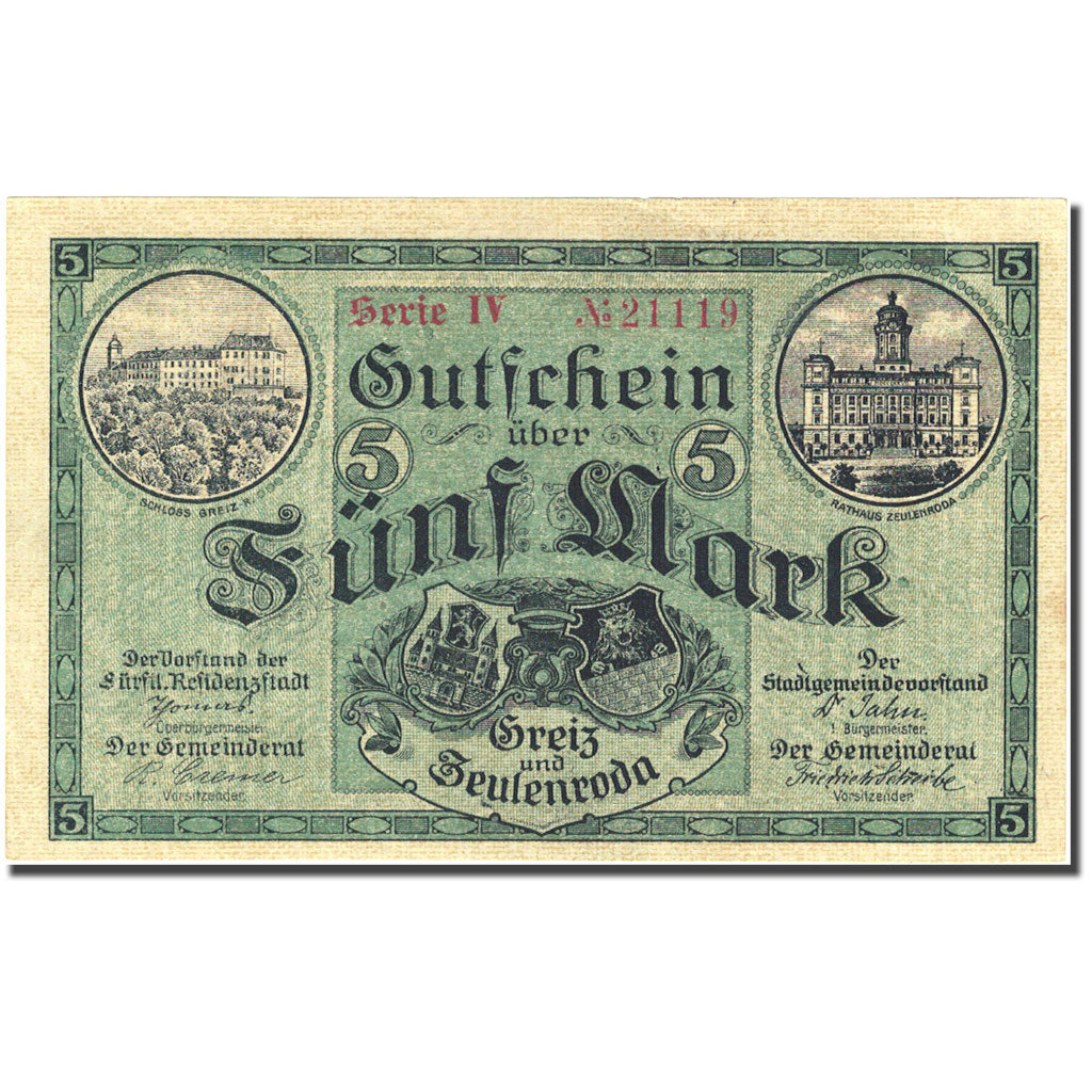 Banknote, Germany, Zeulenroda, 5 Mark, château, 1918, 1918-11-01, AU(55-58)