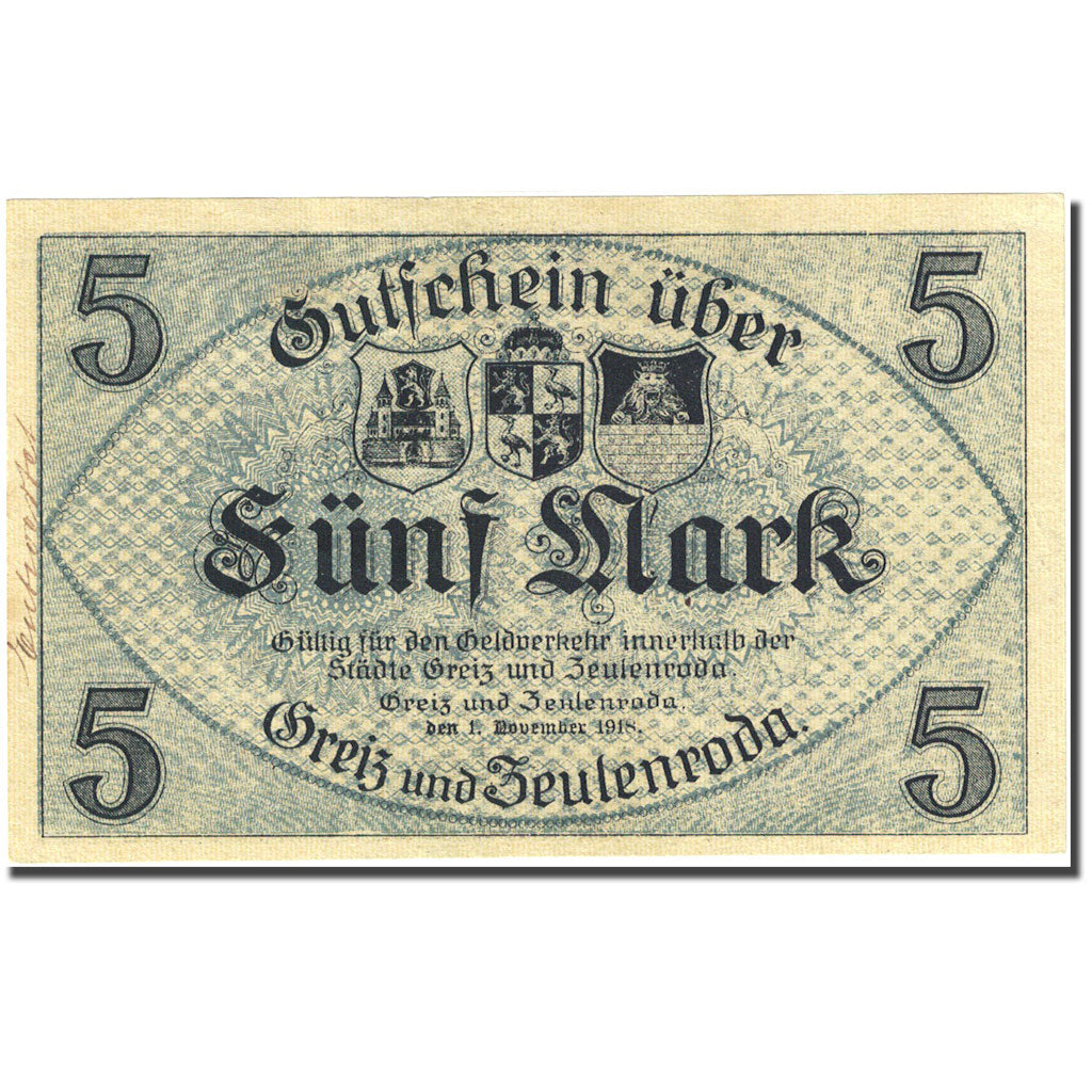 Banknote, Germany, Zeulenroda, 5 Mark, château, 1918, 1918-11-01, AU(55-58)
