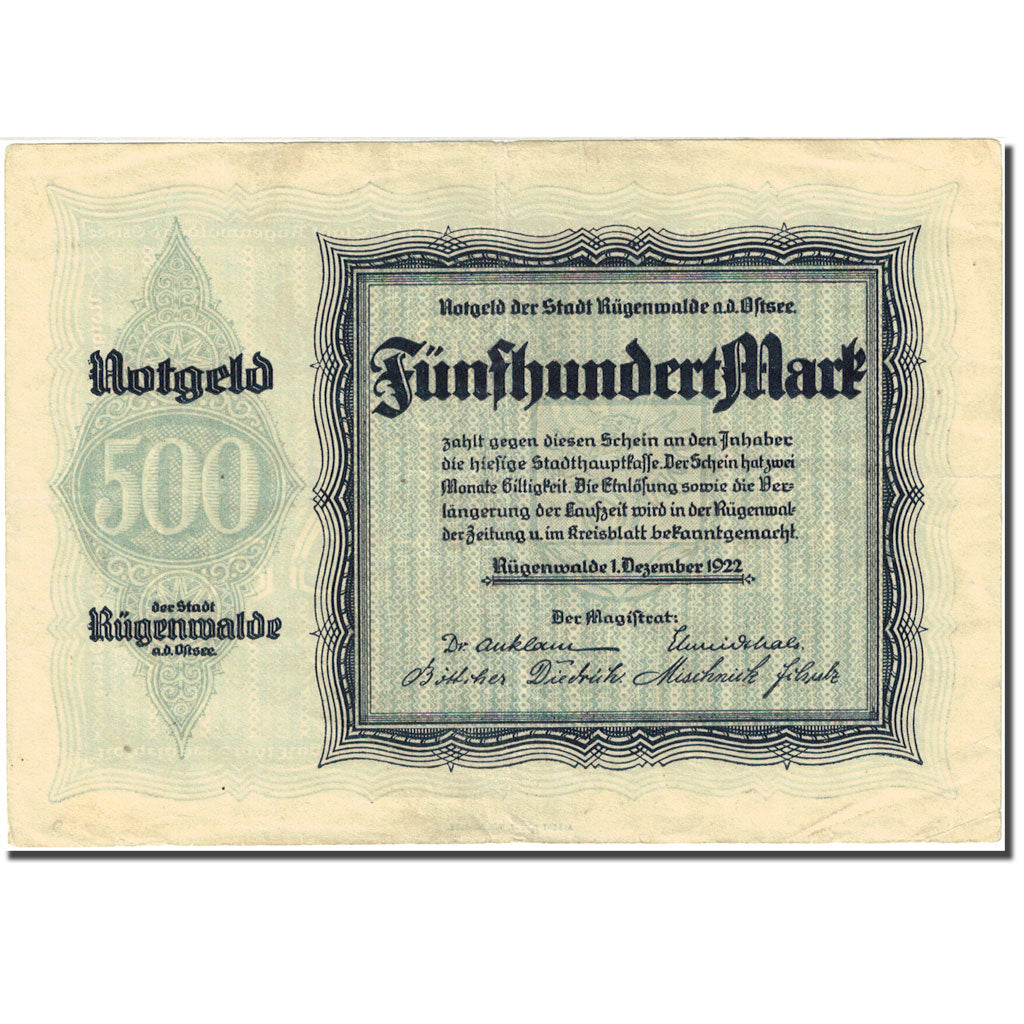 Geldschein, Deutschland, Rügenwalde, 500 Mark, valeur faciale 1922-12-01 SS